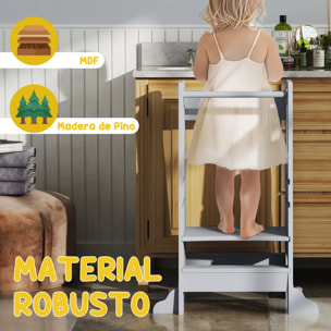 Torre de Aprendizaje Taburete de Aprendizaje para Niños de +3 Años con Pedal Altura Ajustable en 3 Niveles y Barrera de Seguridad para Baño Cocina 45x47,5x91 cm Gris