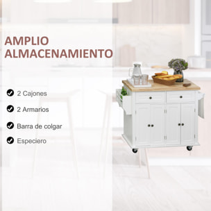 Isla de Cocina con Ruedas Mueble Auxiliar de Cocina con 2 Cajones 4 Puertas Especiero y Barra Lateral para Comedor 111x44,5x82,5 cm Blanco