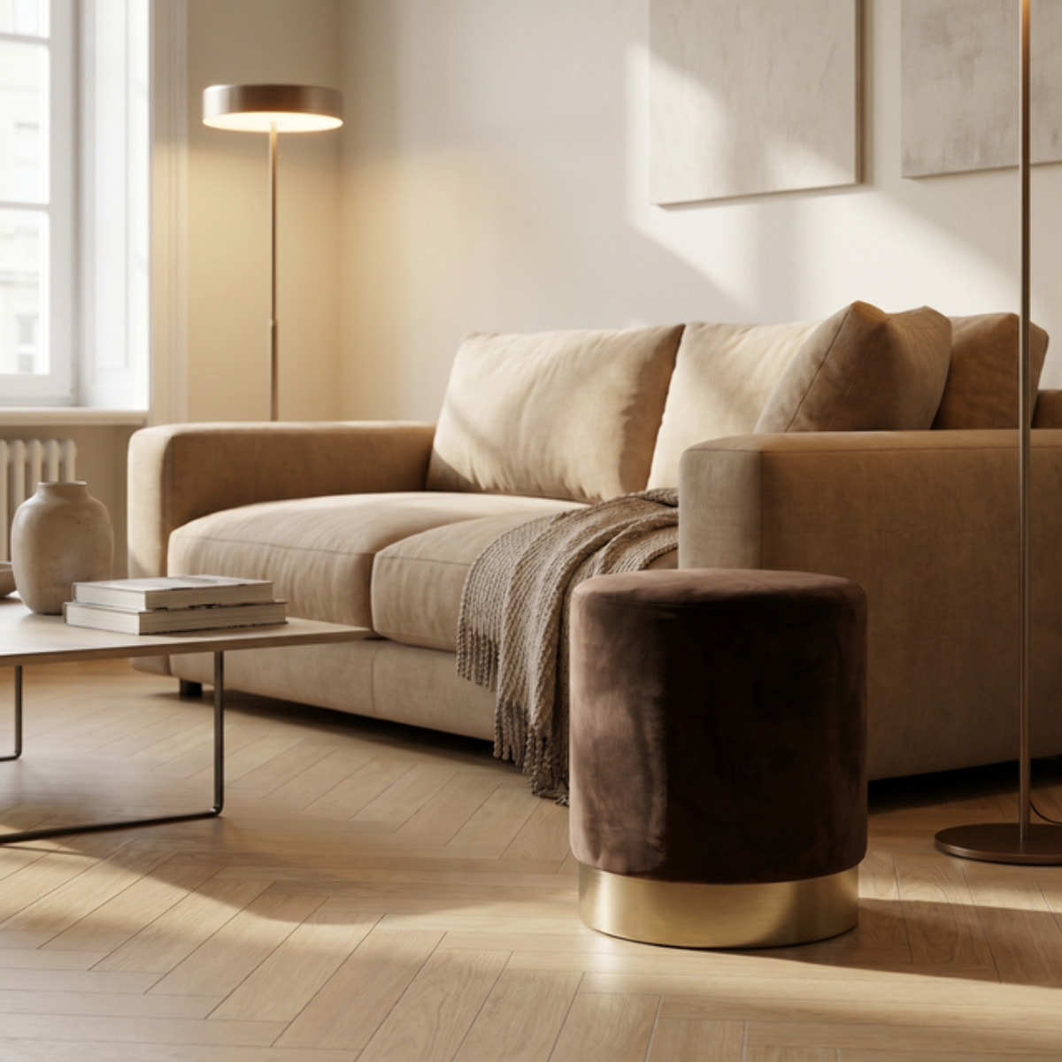 Pouf cilindrico in velluto con base dorata, sgabello imbottito elegante e resistente, seduta compatta salvaspazio, ideale per salotto camera ingresso e toeletta, design moderno glamour e versatile