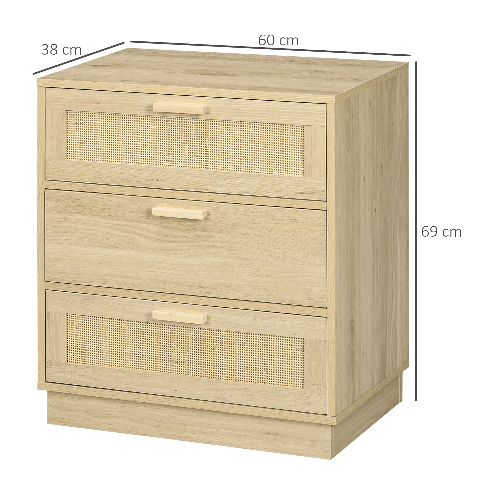 Chiffonnier 3 tiroirs style bohème rotin effet bois clair dim. 60 x 38 x 69 cm