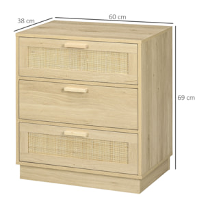 Chiffonnier 3 tiroirs style bohème rotin effet bois clair dim. 60 x 38 x 69 cm