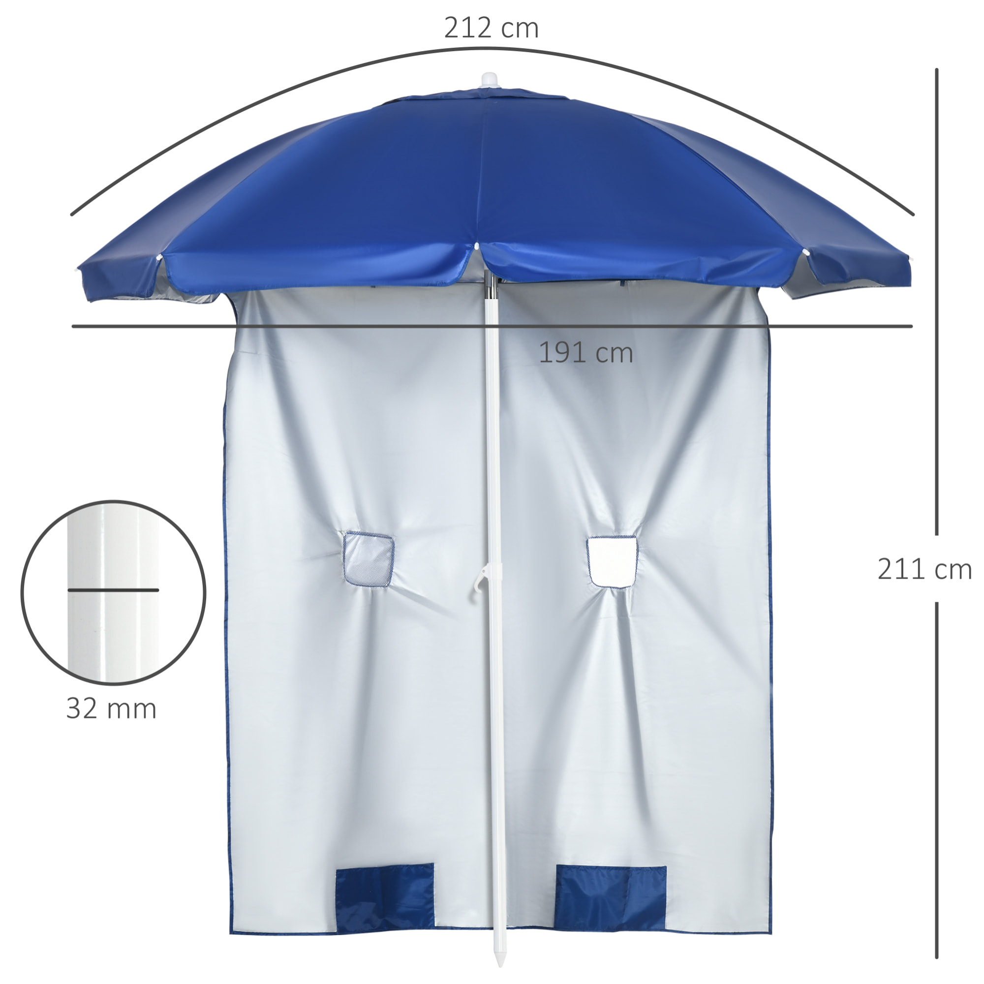 Sombrilla de Playa con Panel Lateral Ø191x211 cm Parasol para Terraza con Manivela Manual Techo Inclinable 2 Bolsillos y 2 Ventanas para Jardín Piscina Azul