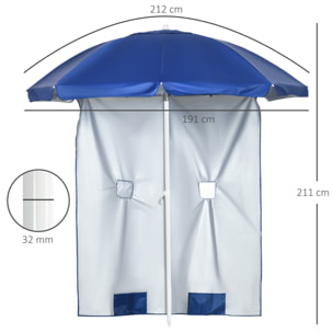 Sombrilla de Playa con Panel Lateral Ø191x211 cm Parasol para Terraza con Manivela Manual Techo Inclinable 2 Bolsillos y 2 Ventanas para Jardín Piscina Azul