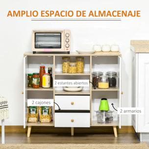 HOMCOM Aparador de Salón con 2 Puertas 2 Cajones y 2 Estantes Abiertos Mueble Auxiliar de Almacenaje para Cocina Recibidor 100x30x85 cm Blanco y Natural