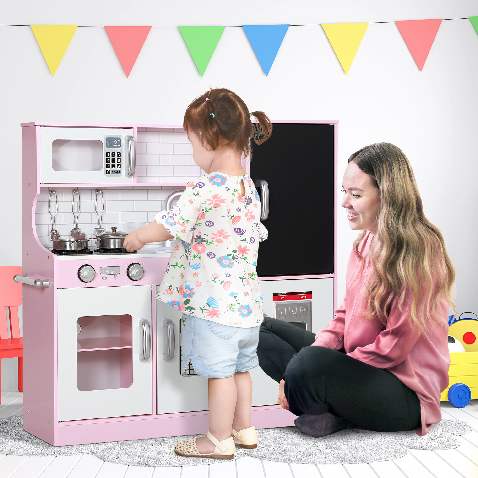 Cocina de Juguete Cocina para Niños de +3 Años Cocina Infantil de Madera con Accesorios para Cocinar Pizarra Máquina de Hielo y Teléfono 83,8x26,8x81 cm Rosa