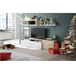 Parete Attrezzata Soggiorno Moderna Salotto con Mobile TV Modulo Sospeso Anta in Vetro Fumé Mensola Scandinavo Moderno 200x43x41 Cm Bianco Rovere