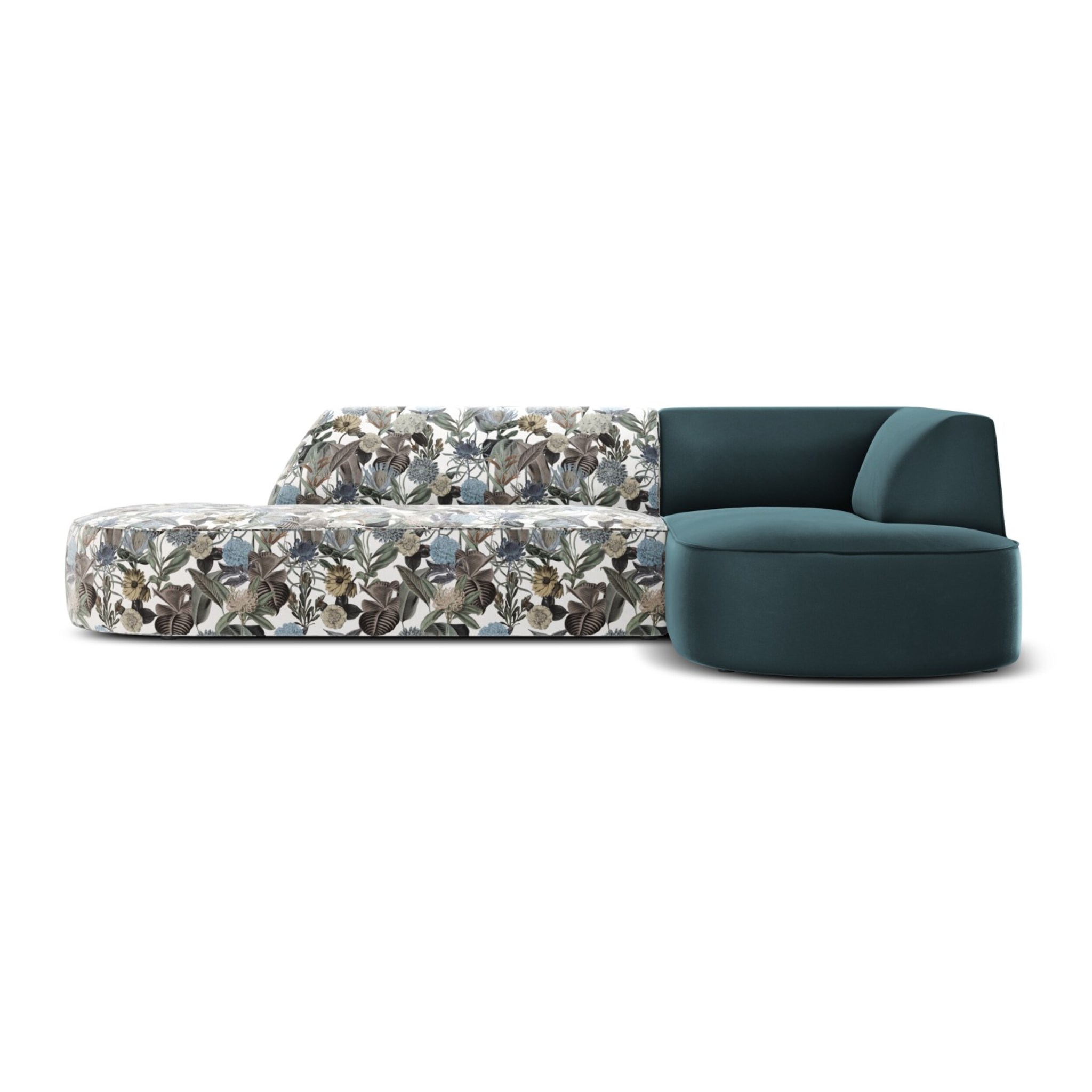 Canapé d'angle droit "Charles" 4 places en velours motif de jardin bleu clair,bleu