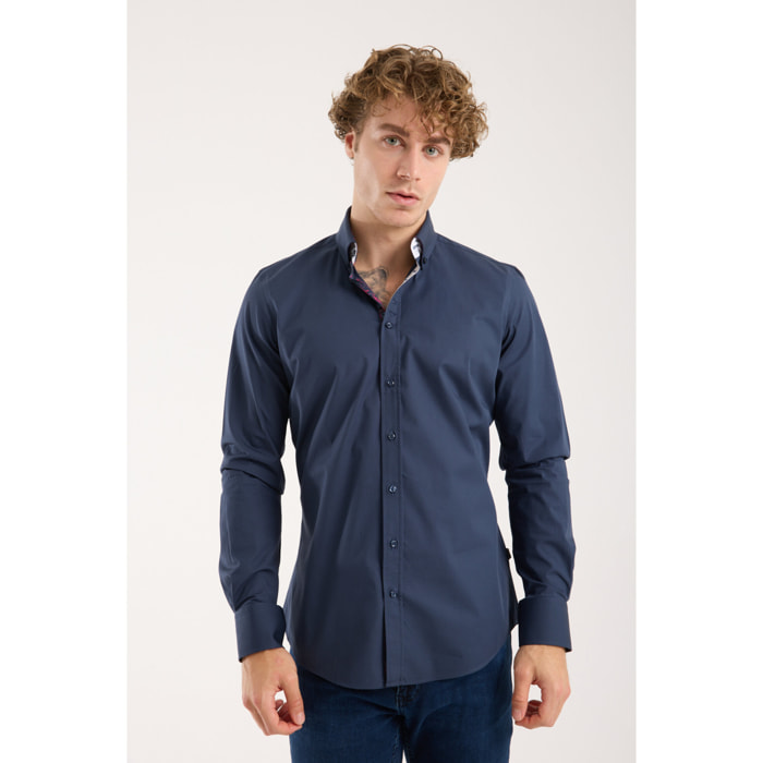 Camicia Uomo 1 Bottoni Button Down Slim Popeline Stretch Unito Blu