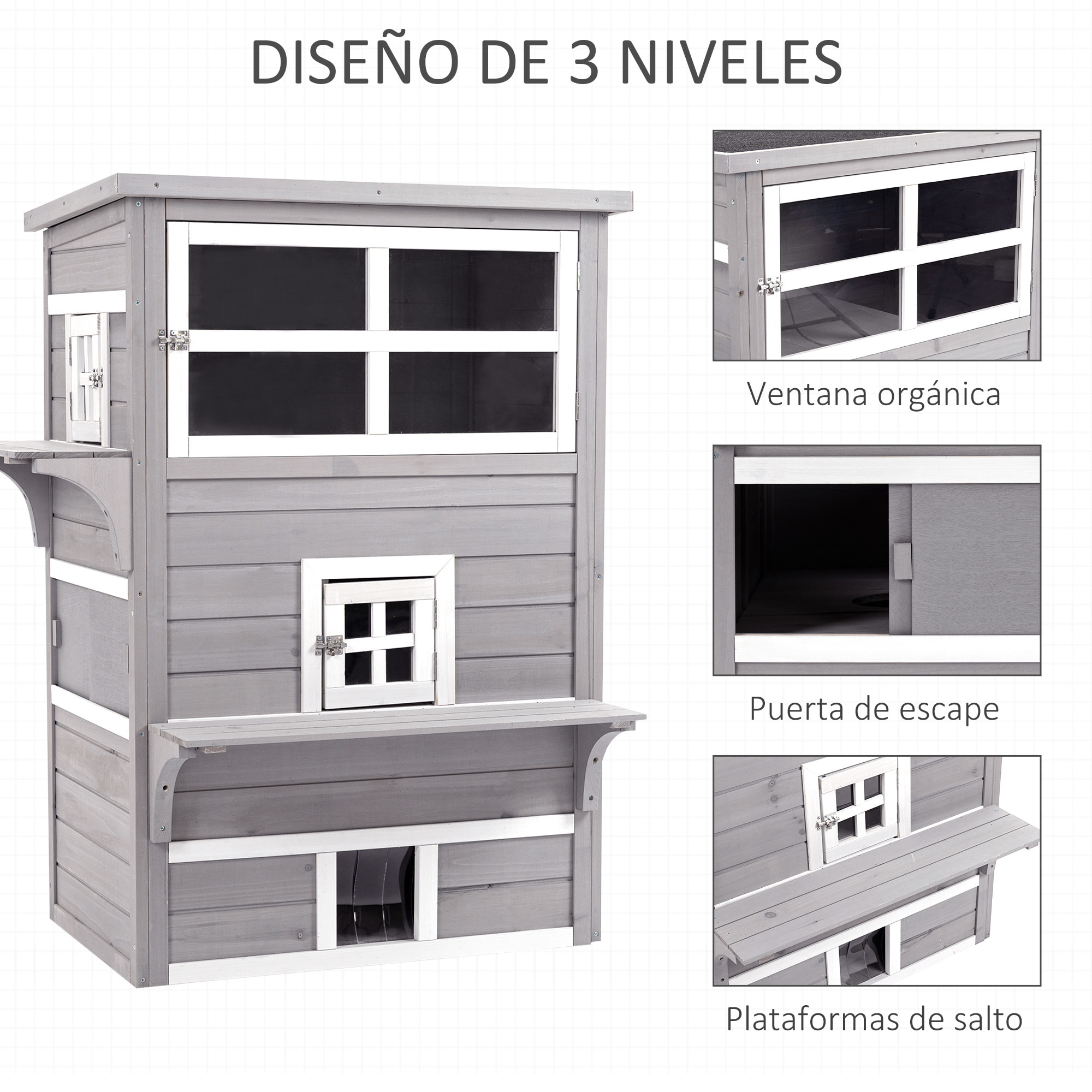 Caseta para Gatos de Madera Exterior 98x68,5x122 cm Casa Grande para Gatos de 3 Pisos con Múltiples Entradas Ventanas y 2 Plataformas para Terraza Balcón Jardín Gris