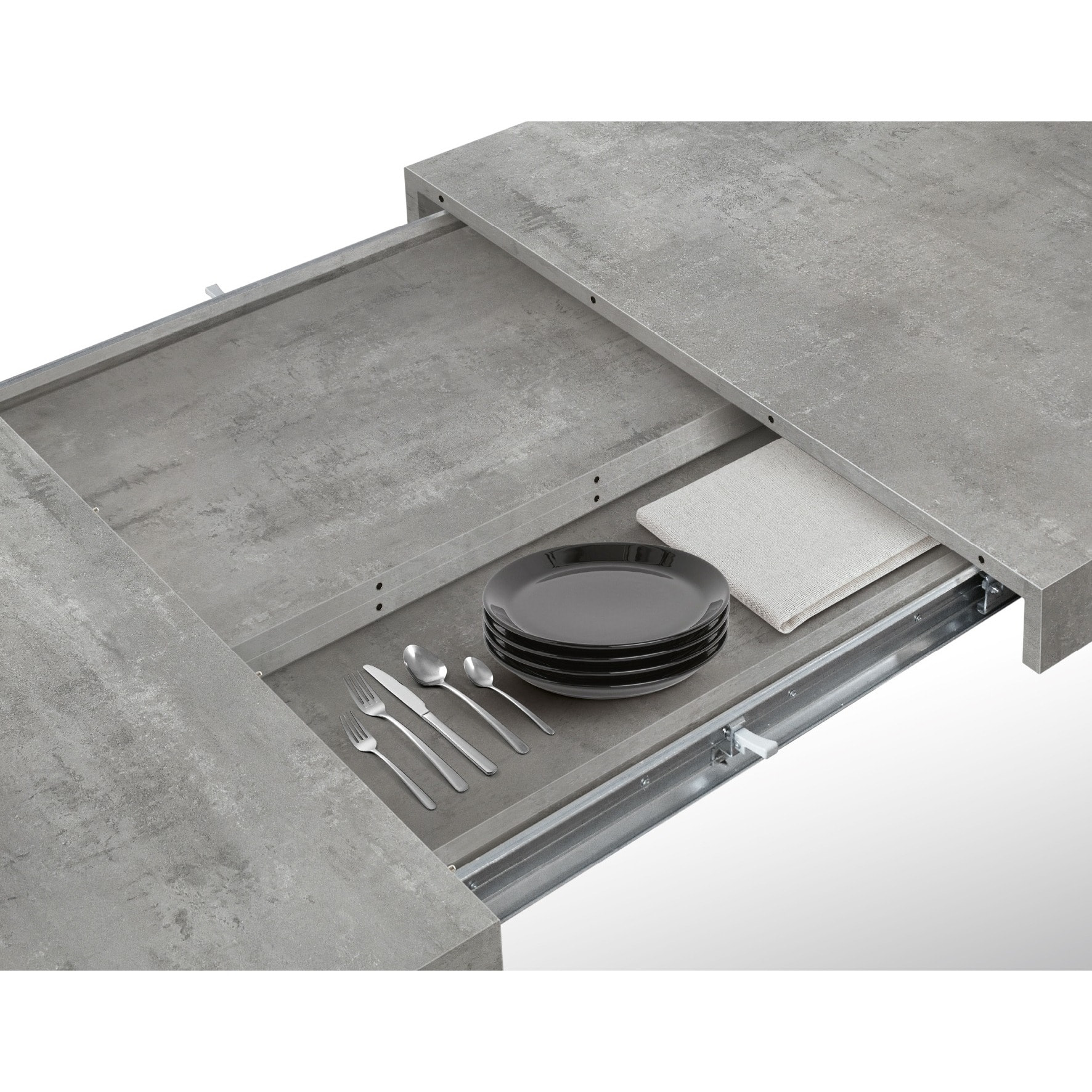 Tavolo allungabile AMALFI in legno effetto grigio cemento e gambe a X antracite, allungabile 160x90 cm - 240x90 cm