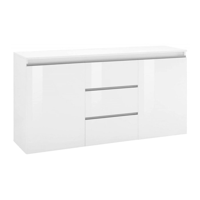 Credenza Amoco, Madia di design a 2 ante 3 cassetti, Buffet da soggiorno, Madia da cucina, 100% Made in Italy, cm 150x40h81, Bianco lucido