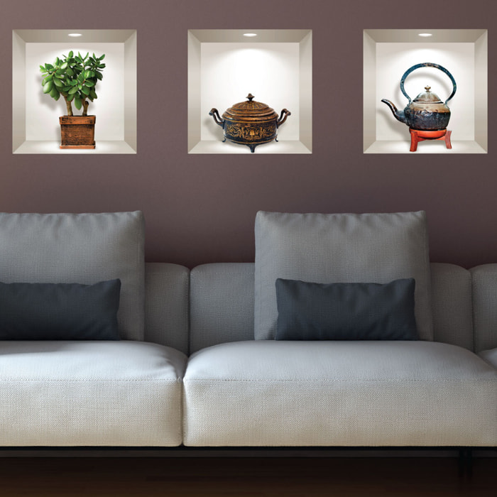 Stickers muraux 3D | Sticker Mural Autocollant effet 3D plante et théière japonaise ancienne - Stickers adhésifs 3D Chambre Salon Trompe l'oeil