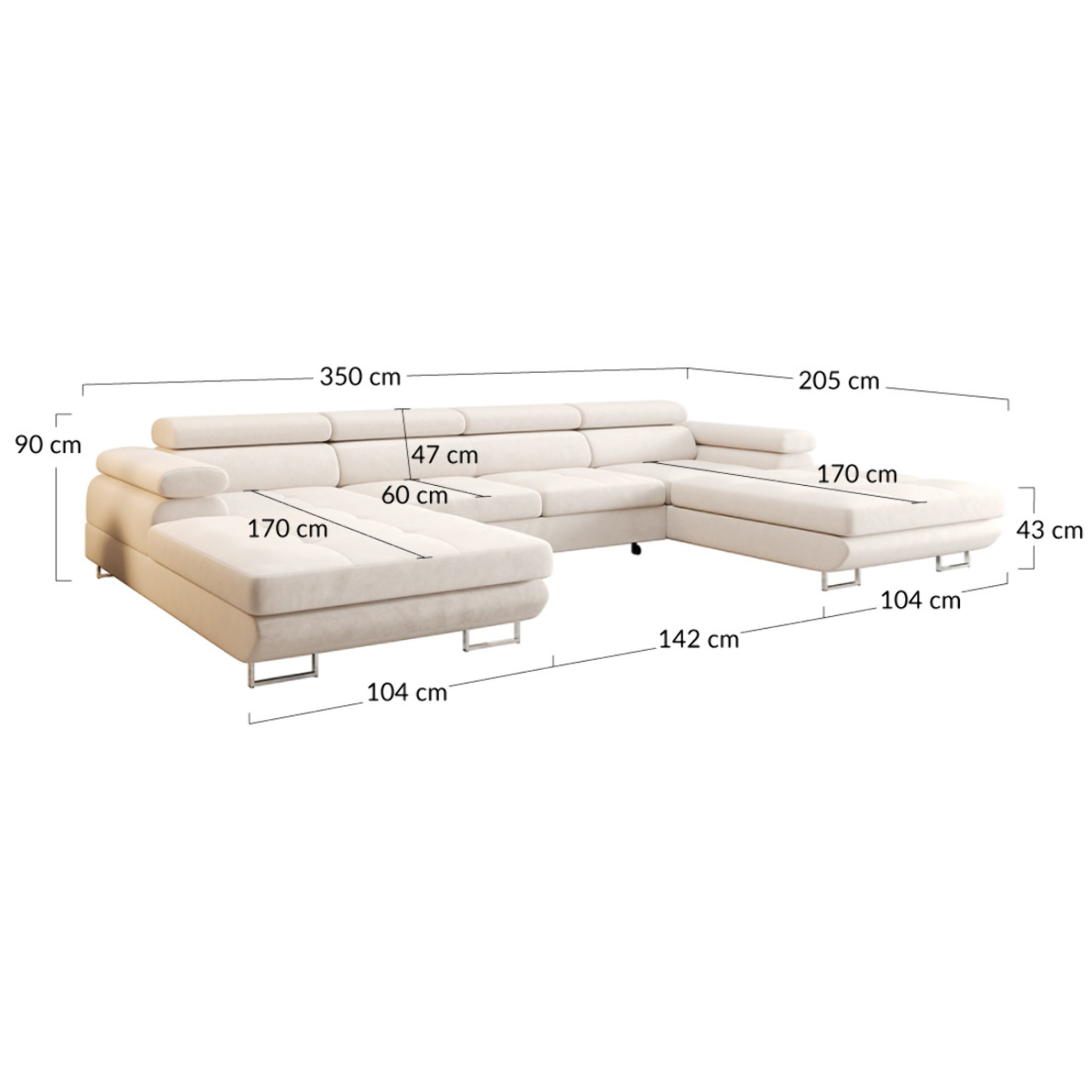 Ayden - Canapé panoramique en U 7 places convertible avec coffre et têtières réglables en tissu - Gris
