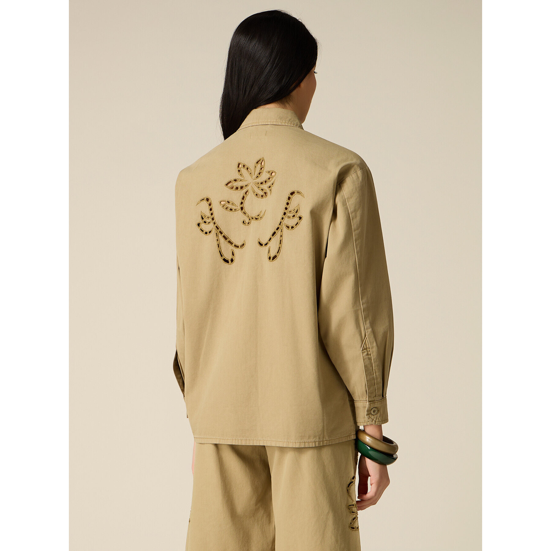 Oltre - Camisa de algodón con bordados see-through - Verde militare