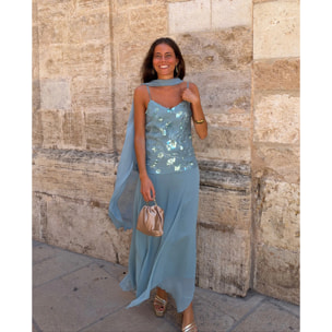 Vestido midi con cuerpo de bordados y gasa