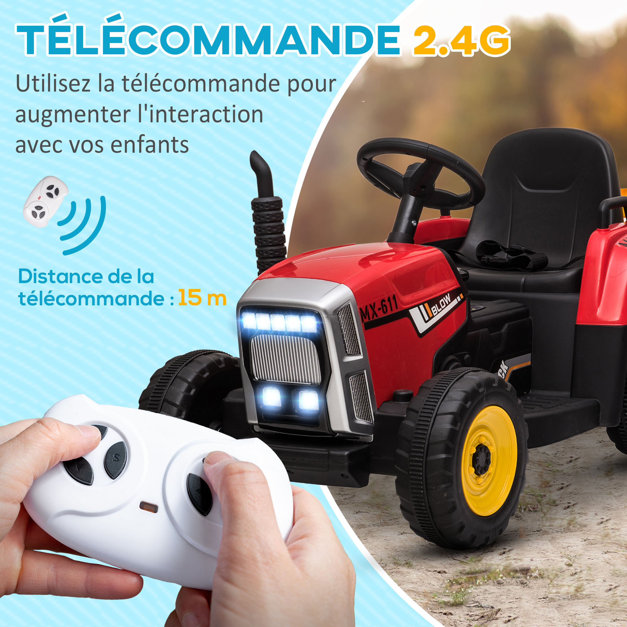 Tracteur électrique avec remorque amovible, voiture électrique enfants de 3 à 6 ans avec télécommande MP3 musique affichage lumières et ceinture de sécurité, 12V 3-6 km/h, rouge