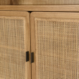 AMY - Bibliothèque 2 portes 3 étagères H180cm en bois de mindi et rotin