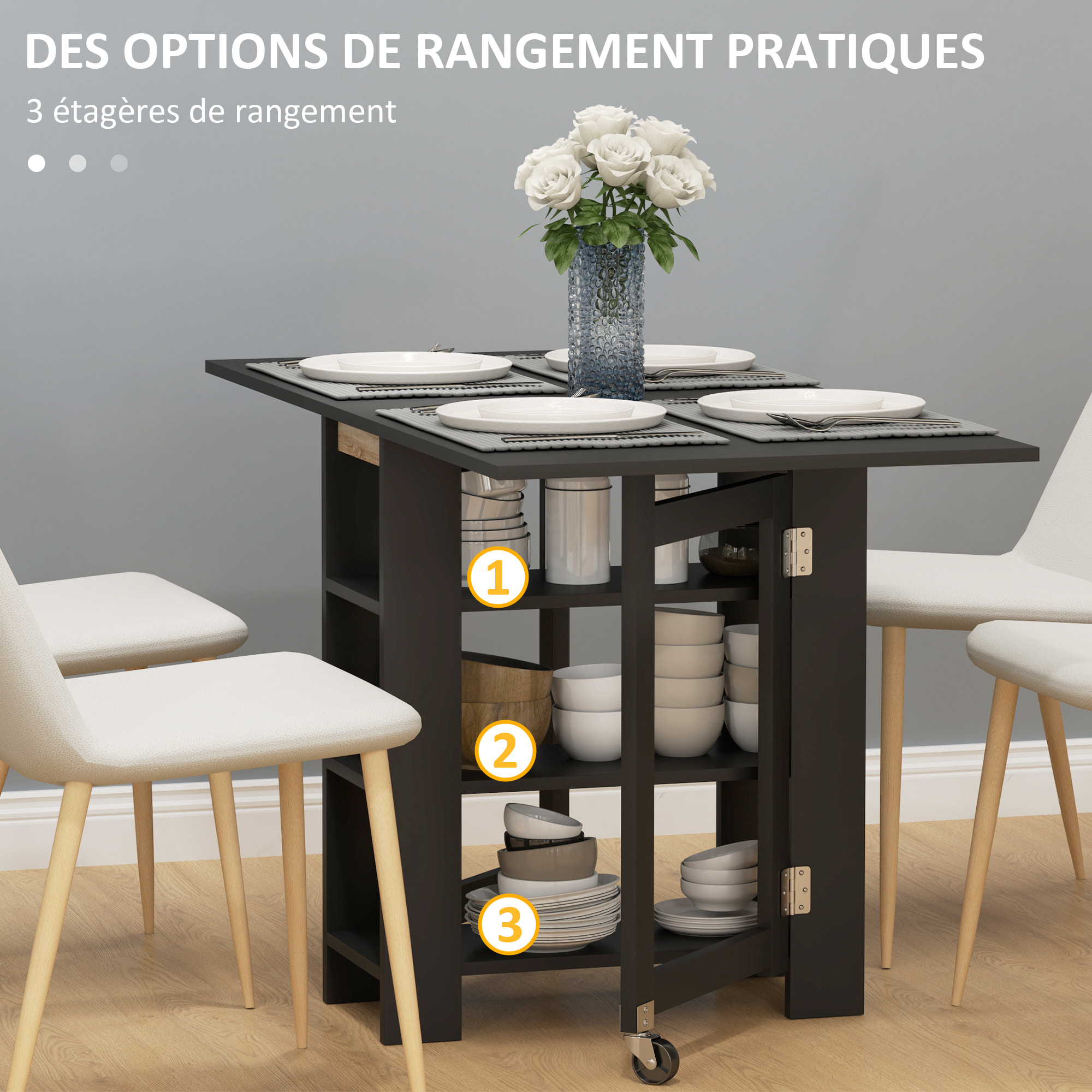 Table à manger pliable - roulettes, 2 abattants, 3 étagères - dim. 120L x 60l x 75H cm - noir