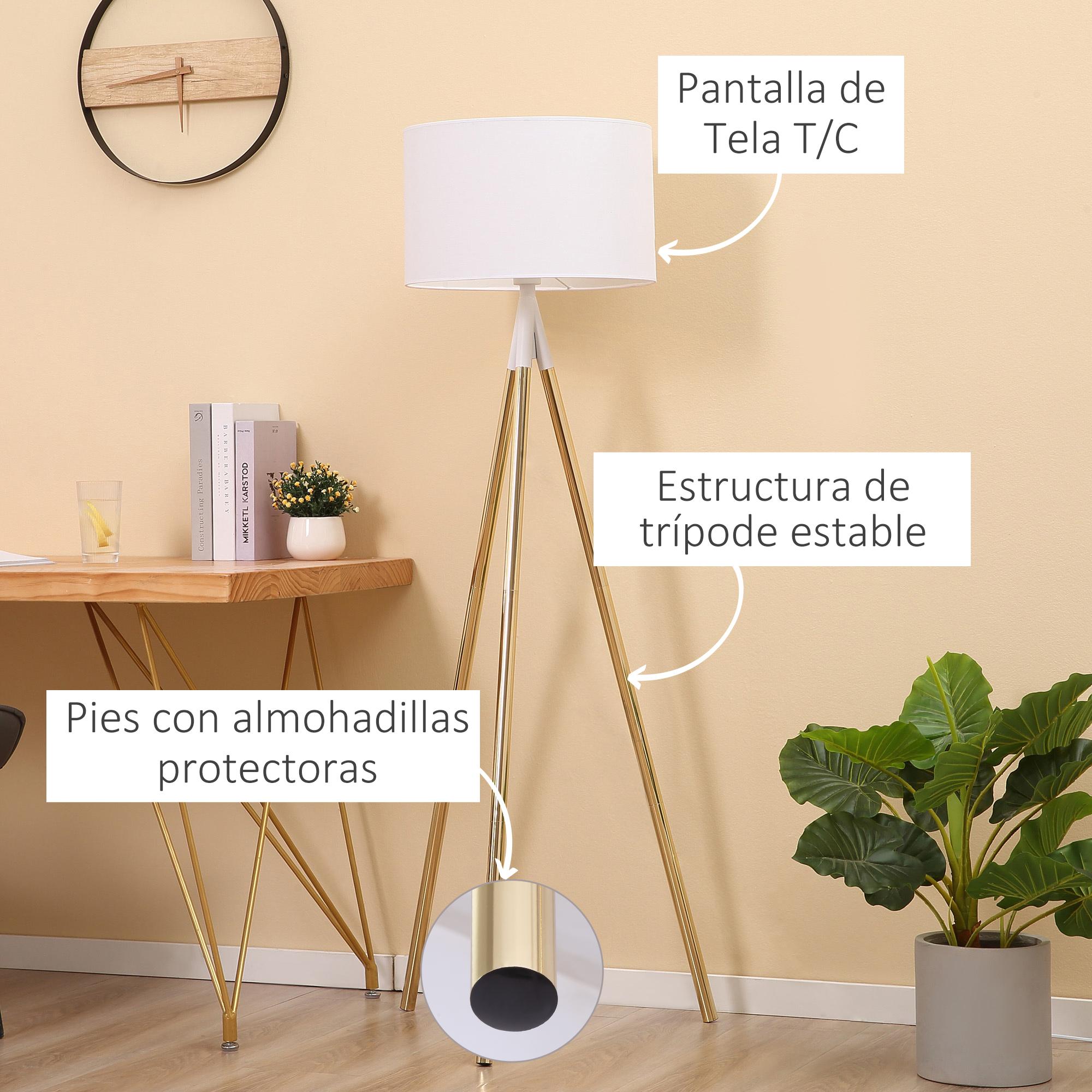 HOMCOM Lámpara de Pie con Trípode de Metal E27 Máx. 40W Pantalla de Tela e Interruptor de Pie Lámpara de Suelo Moderna para Salón Dormitorio Ø53x144 cm Blanco y Dorado