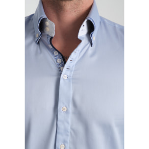 Camicia Uomo 2 Bottoni Button Down 7bottoni Doppio Coll Satin Unito Celeste