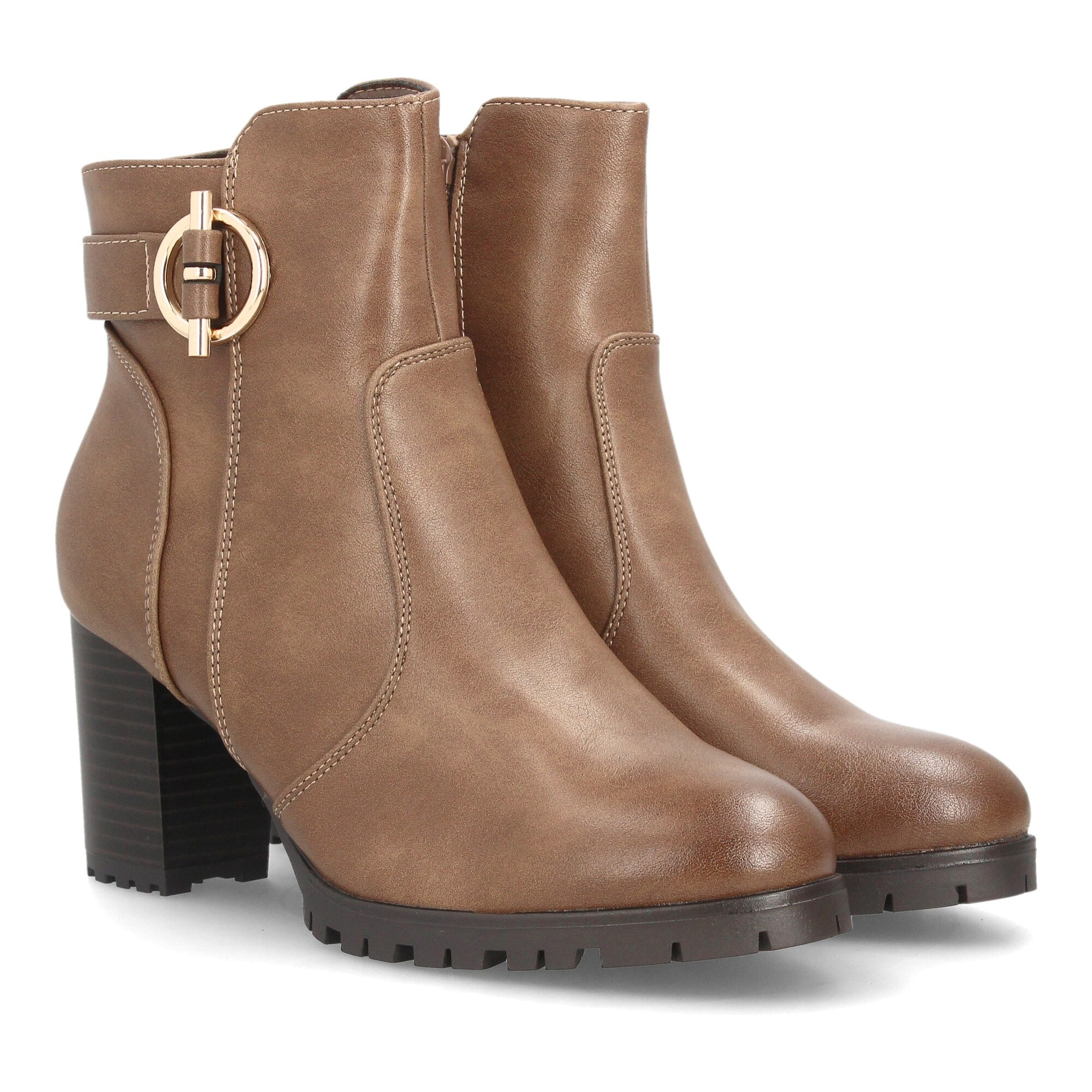 Botines de tacón con hebilla decorativa para mujer.