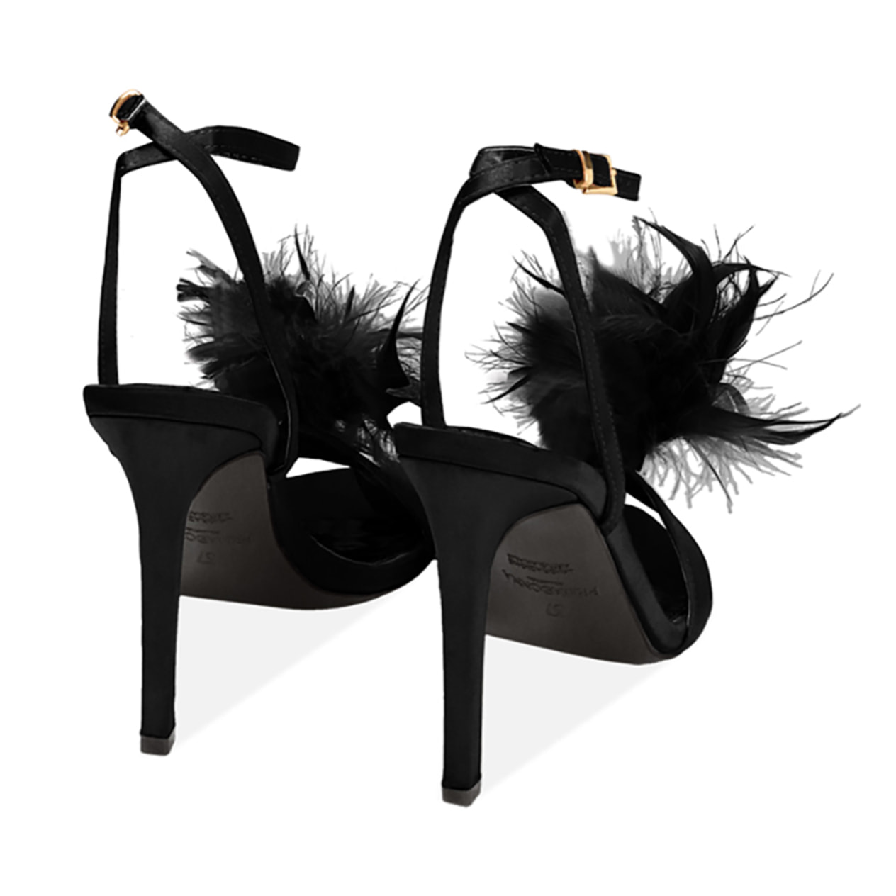 Sandali neri con piume in raso, tacco 10,5 cm