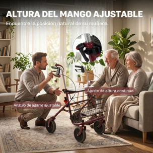 Andador para Ancianos Plegable, Andadores Adultos para Personas Mayores con Asiento y 4 Ruedas Altura Ajustable Frenos de Maneta Cesta Bandeja y Porta Bastón Rojo Vino