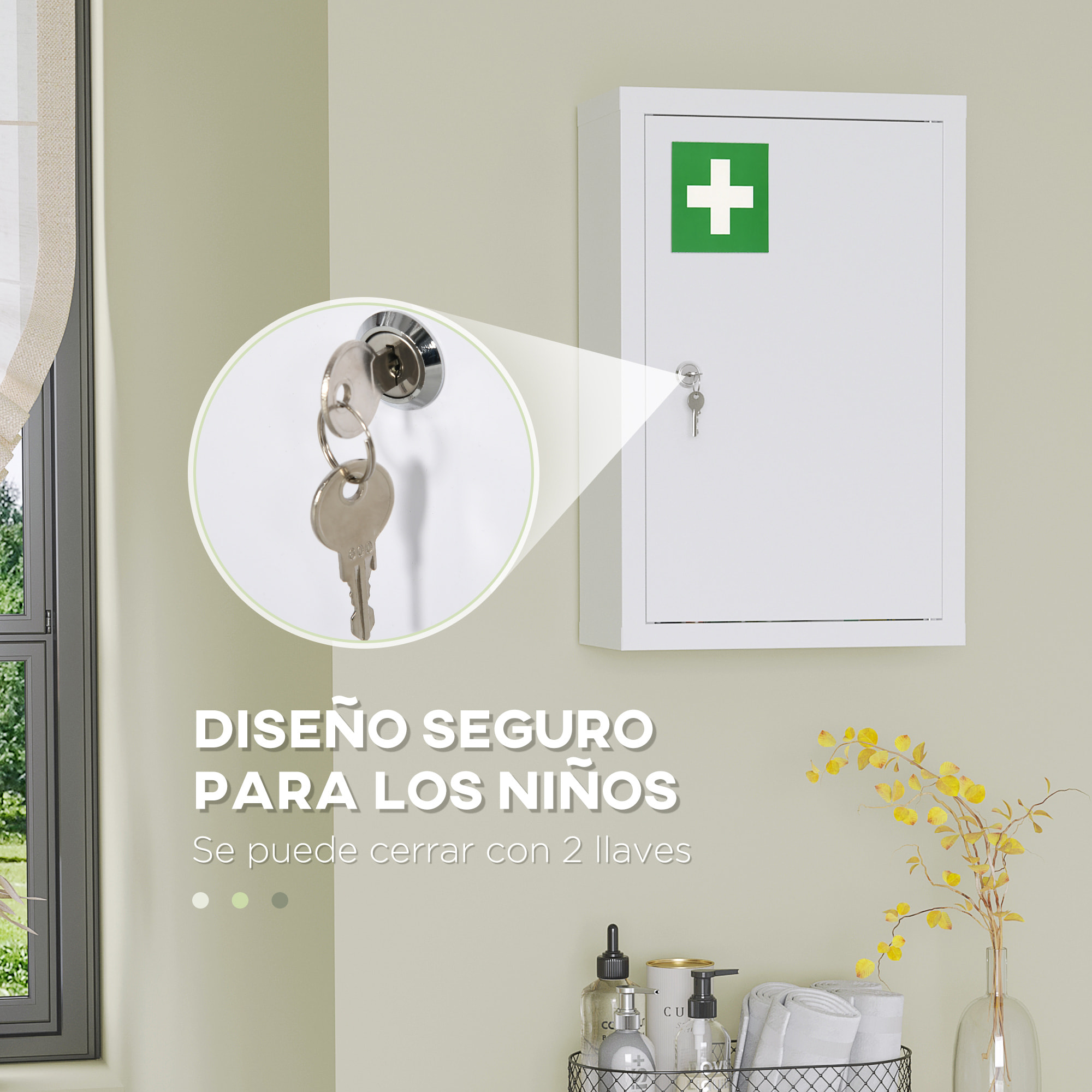 Armario Botiquín de Pared Armario de Medicinas de Acero Armario de Primeros con 2 Estantes de Almacenamiento y 2 Llaves para Baño 30x14x46 cm Blanco