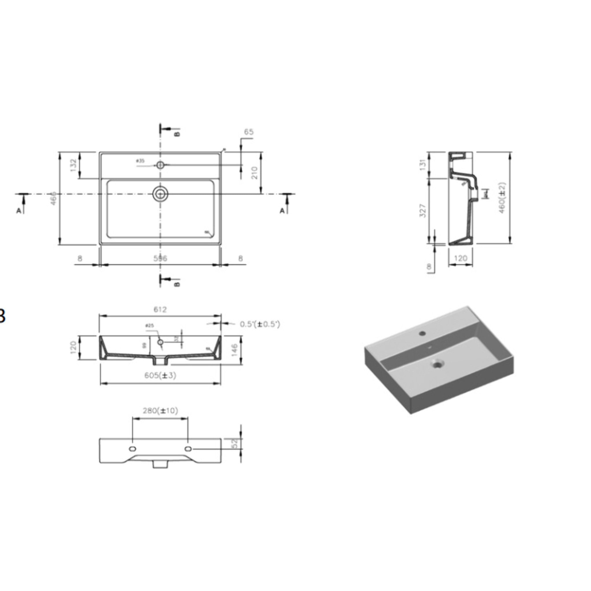 Lavabo 60,5 x 46,5 cm à suspendre ou à poser – blanc brillant – avec trop-plein et trou de robinetterie – SAT Infinitio
