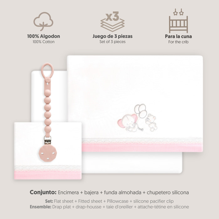 Triptico Cuna Pasacinta Oso Elefante Globos +Broche Bco/Rosa