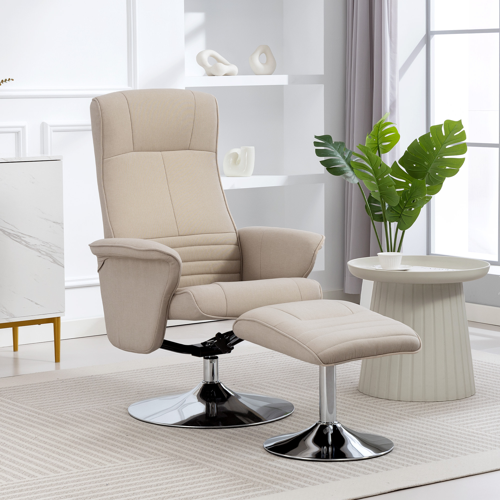 Fauteuil relax style contemporain - pivotant, dossier inclinable, repose-pied - piètement acier chromé tissu beige