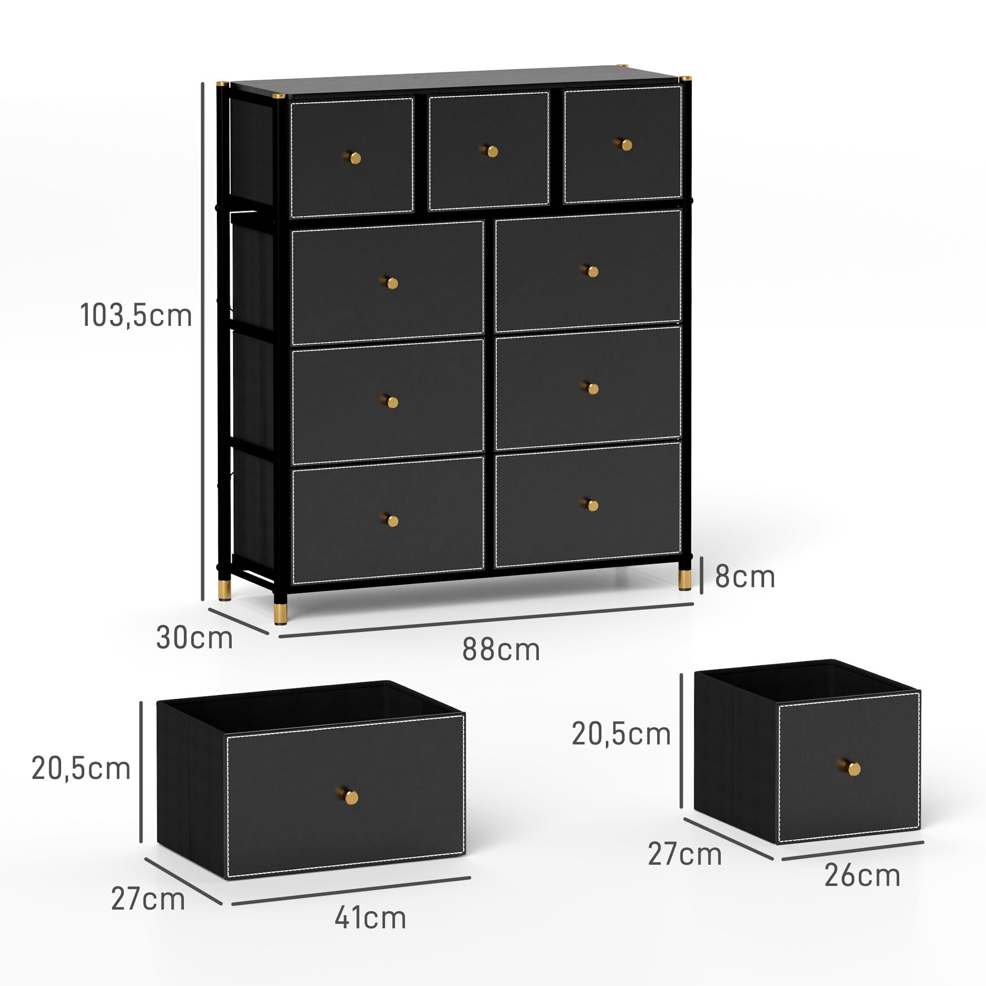 Cómoda para Dormitorio Cajonera de Tela con 9 Cajones Plegables con Frentes de PU y Marco de Acero Cajonera para Dormitorio Salón Negro
