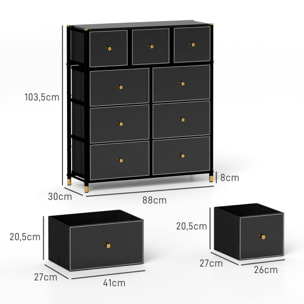 Cómoda para Dormitorio Cajonera de Tela con 9 Cajones Plegables con Frentes de PU y Marco de Acero Cajonera para Dormitorio Salón Negro