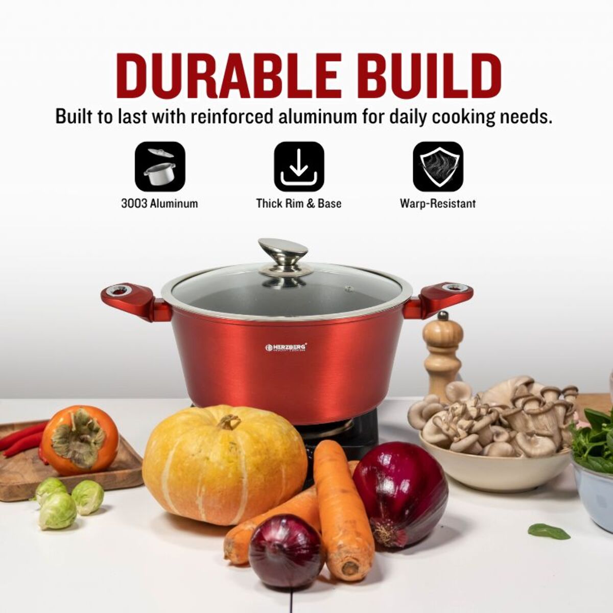 Batterie de cuisine 15 pièces avec revêtement en marbe Rouge Herzberg HGMETRD15-RED