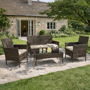 SALOU Ensemble de jardin 4 places en résine tressée marron et coussins beige
