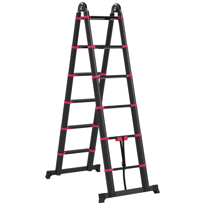 Escalera de Aluminio Plegable 2 Formas de Uso Retráctil Portátil Escalera Telescópica 12 Escalones Antideslizantes Carga 150 kg 379x67,5x11 cm Negro y Rojo