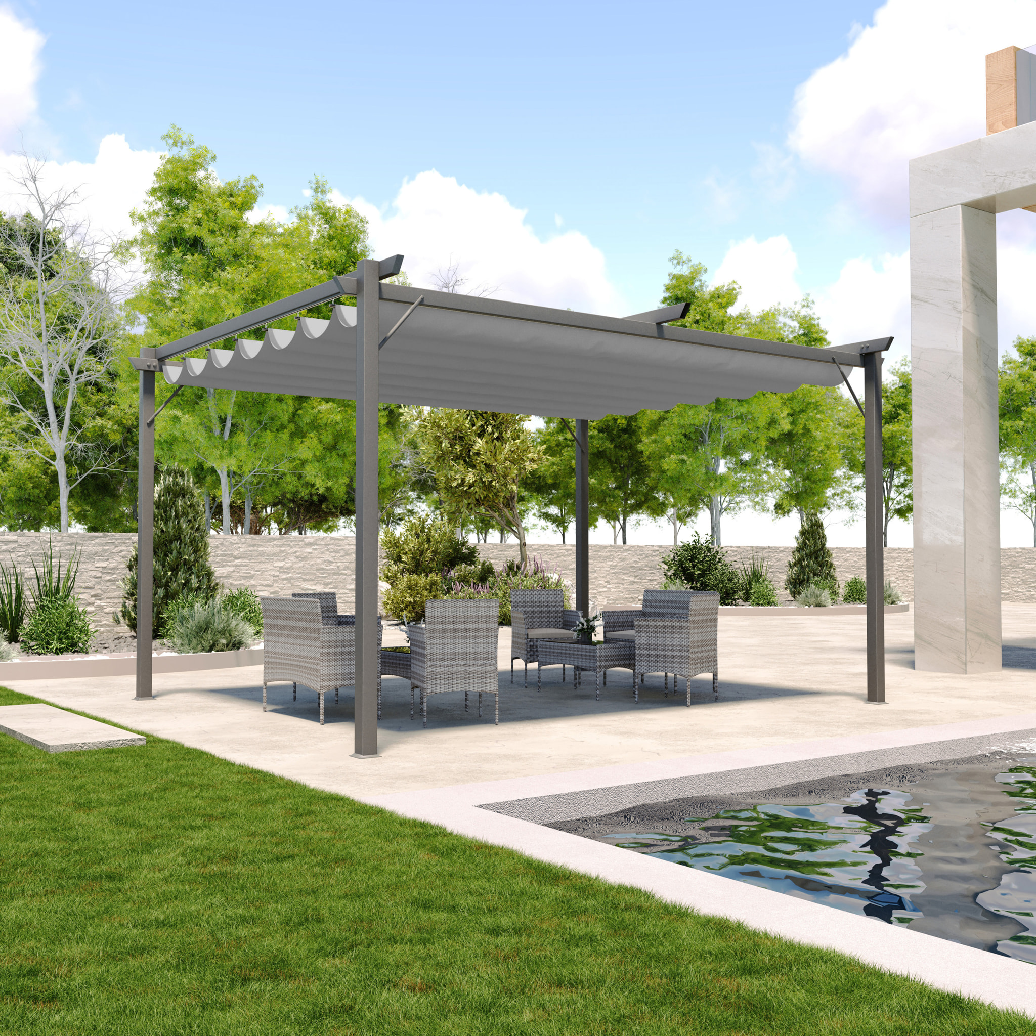 Gazebo Pergola 3x4 M Pergolato Con Telo Grigio Impermeabile Retrattile Richiudibile Struttura In Acciaio Per Giardino Terrazzo Piscina Esterno Fiere