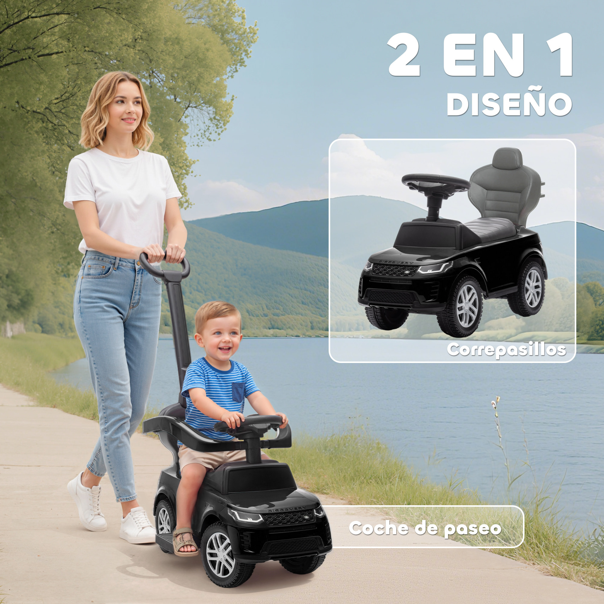 Coche Correpasillos 2 en 1 para Niños de 18-36 Meses LAND ROVER DISCOVERY, Correpasillos con Espacio de Almacenaje, Bocina, Volante, Mango de Empuje y Barandilla Extraíbles, Negro