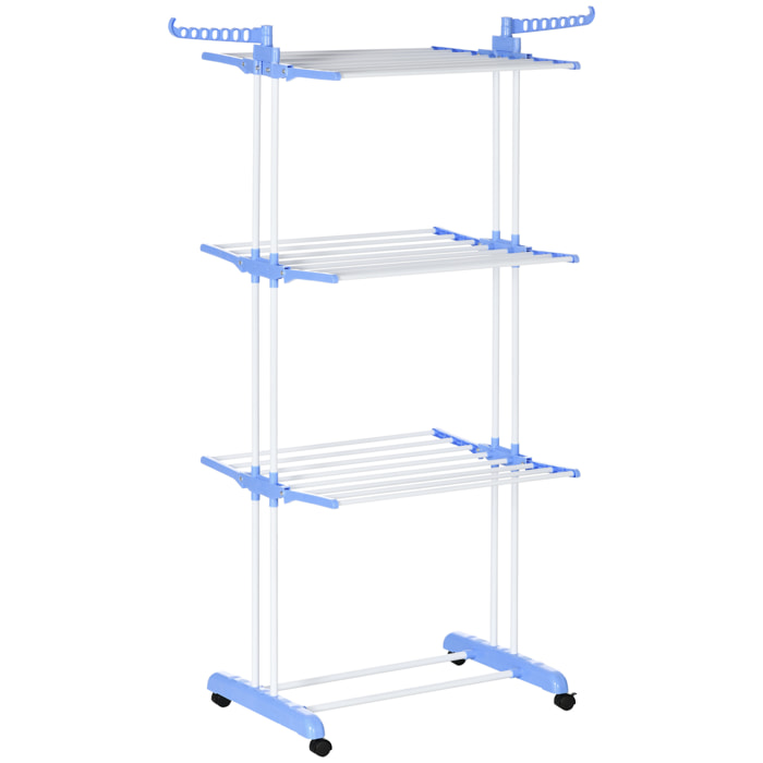 Tendedero Plegable para Ropa con Ruedas Tendedero Vertical de Acero Tipo Torre de 3 Niveles con Alas Plegables y Colgadores Giratorios Carga 70 kg 73x64x177 cm Azul y Blanco