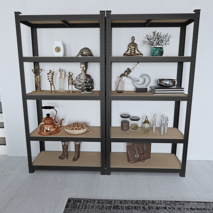 2 Scaffali In Metallo E MDF Scaffale Alta Portata Fino a 875 kg 5 Ripiani Regolabili Garage Officina Cantina Magazzino Modulare 180 x 90 x 40 cm Nero