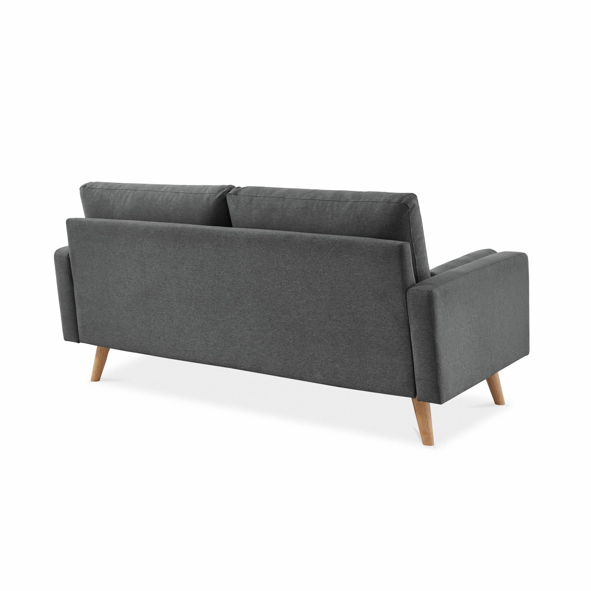 Canapé en tissu gris foncé. 3 places scandinave fixe. droit. pieds bois