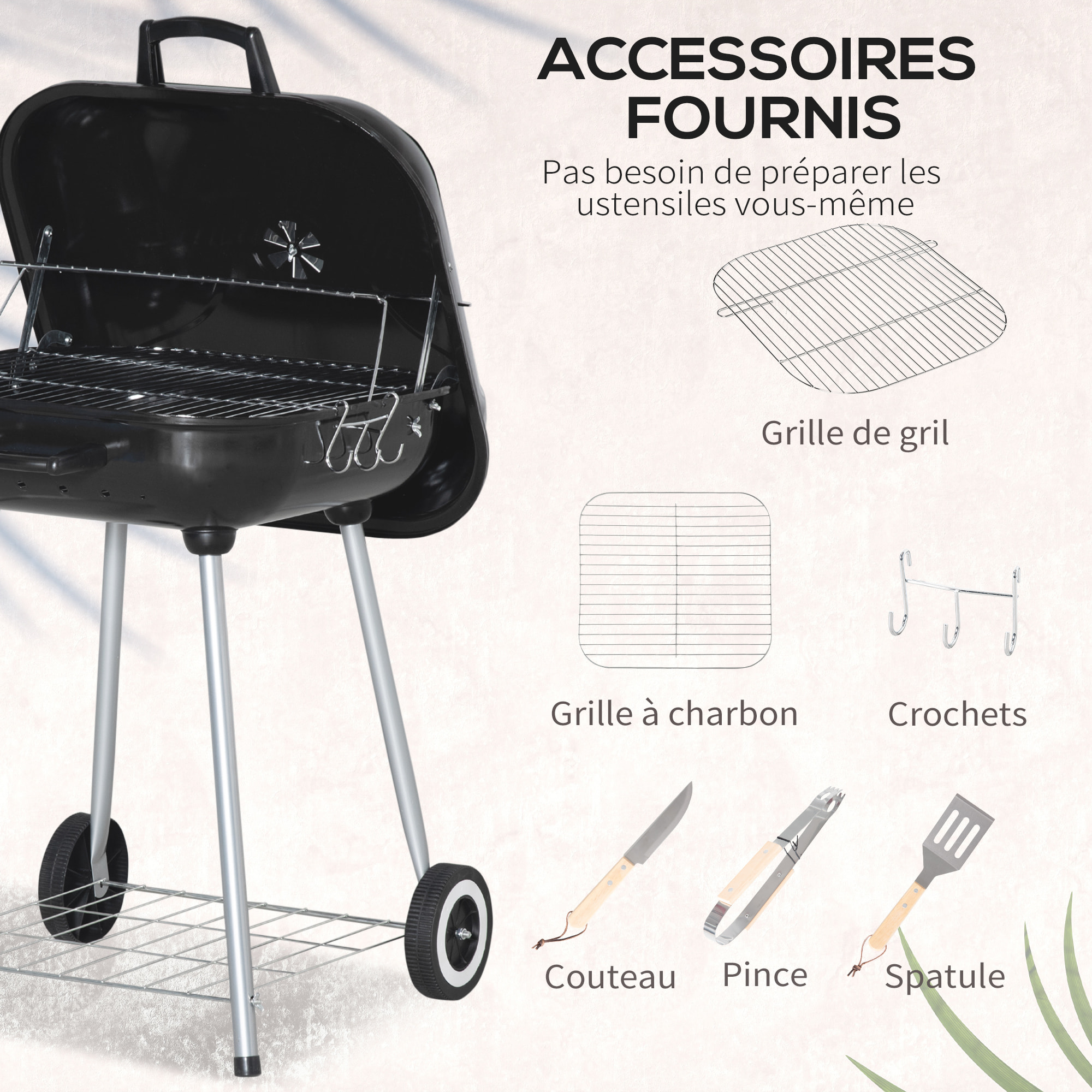 Barbecue à charbon - BBQ grill sur pied avec couvercle, roulettes - étagère, 3 crochets, 3 ustensiles, 2 grilles - acier émaillé noir