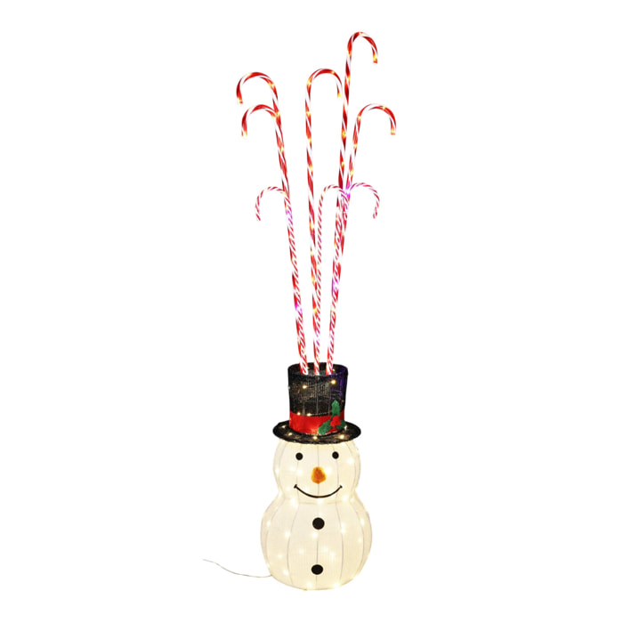 Muñeco de nieve con bastones de caramelo con luces led cálidas y múltiples h.180cm