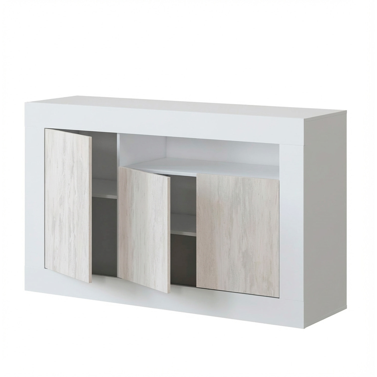 Credenza Moderna Madia A Terra Con 3 Ante Vano A Giorno E Ripiani Interni Mobile Contenitore Antigraffio 144x42x87 Cm Bianco Anticato e Bianco