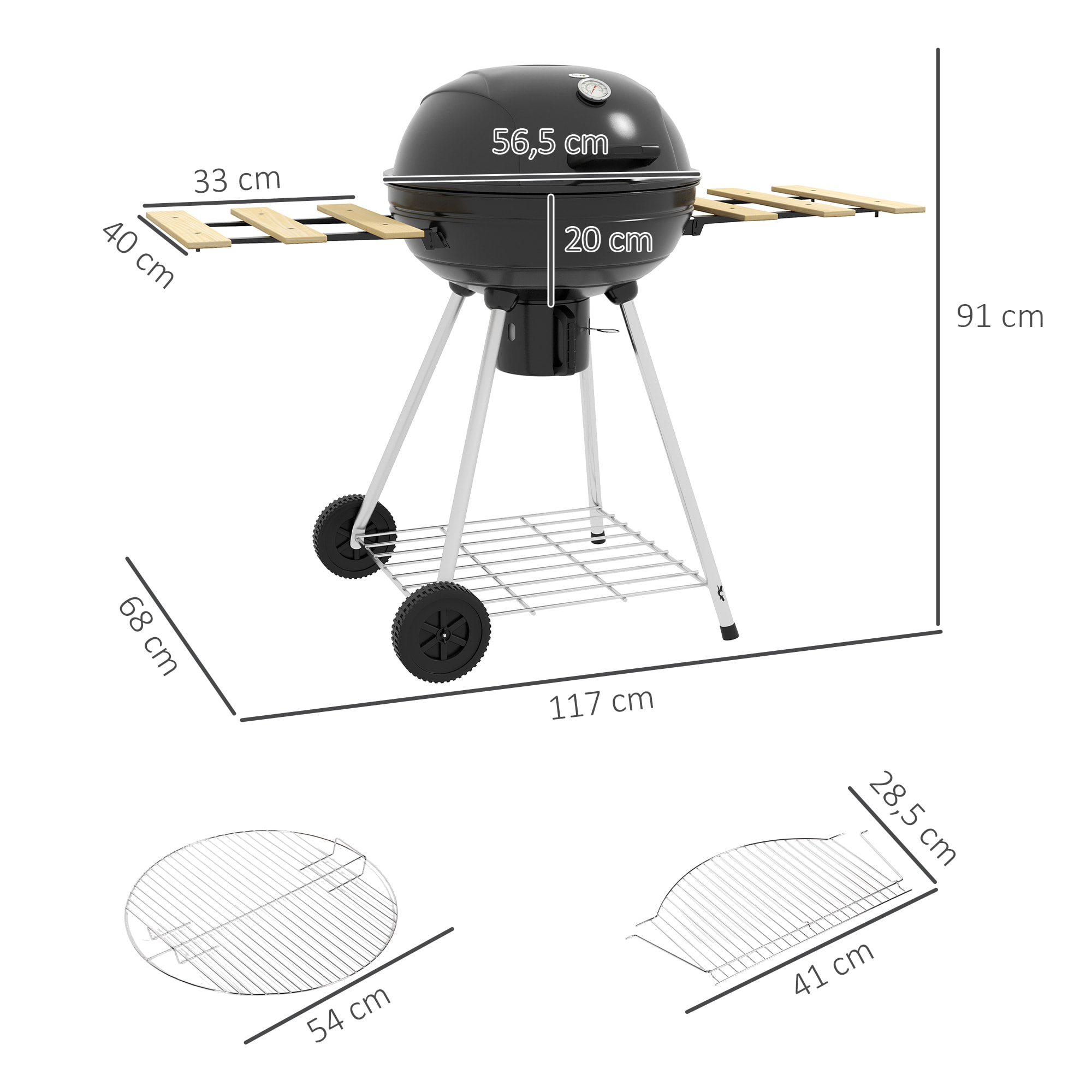 Barbacoa de Carbón Barbacoa Portátil con 2 Ruedas Estantes Plegables Termómetro y Parrilla Metálica para Pícnic Camping 117x68x91 cm Negro