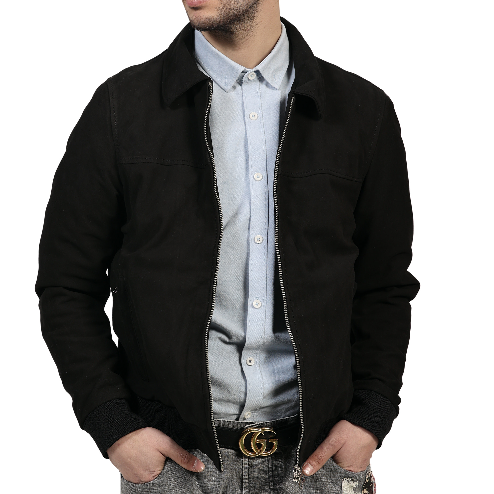 Giubbino in vera pelle di vitello scamosciata Nero-Slim Fit