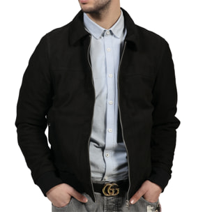 Giubbino in vera pelle di vitello scamosciata Nero-Slim Fit