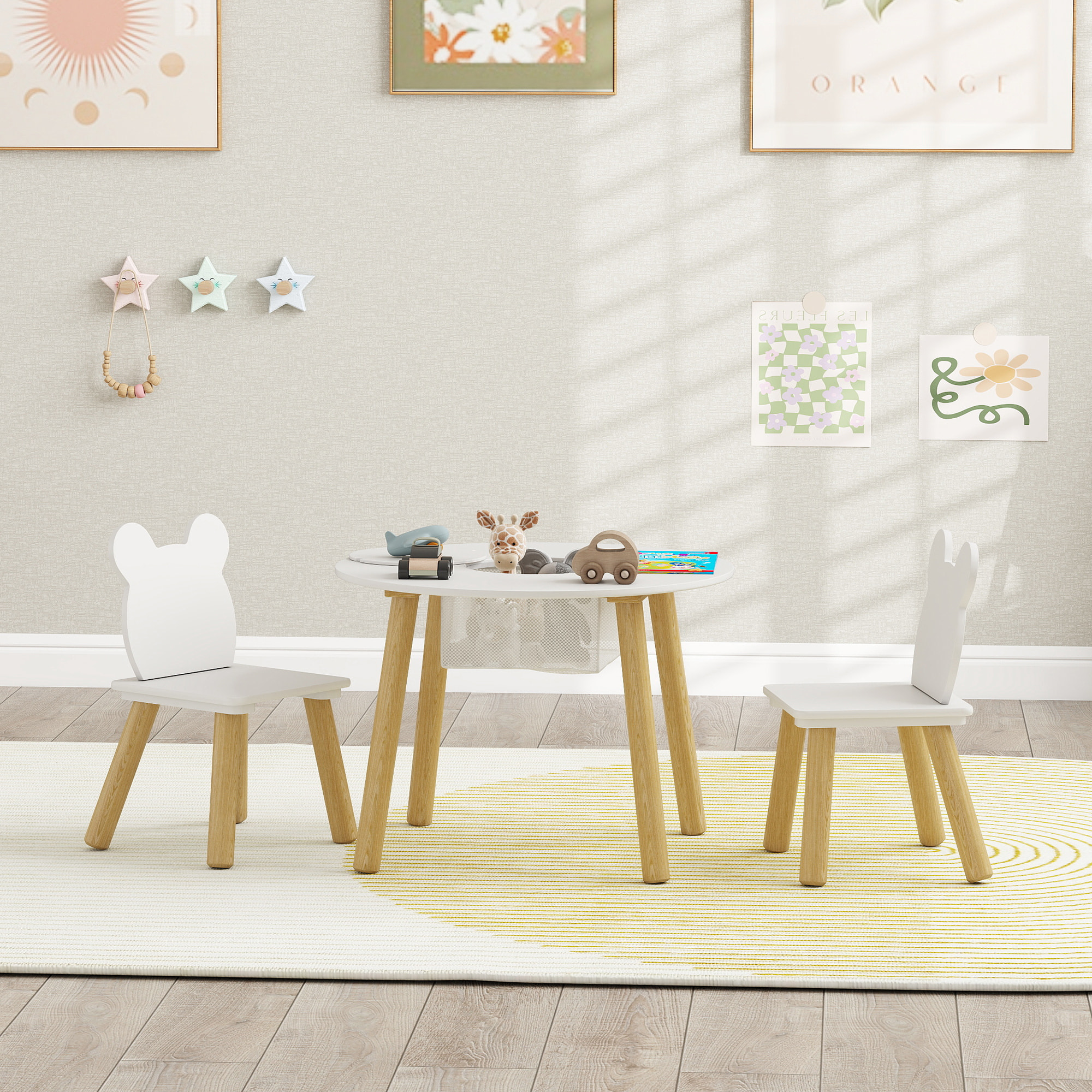 Ensemble table chaises enfant design ourson scandinave - rangement table intégré - blanc aspect bois