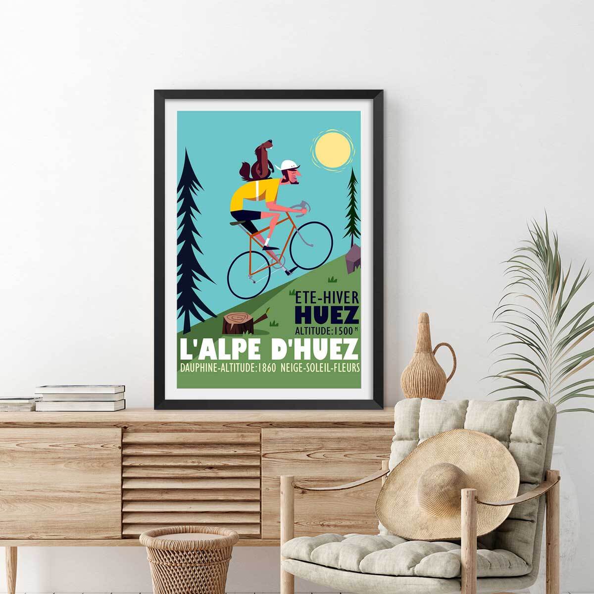 Poster de la montée de l'alpe d'huez Affiche + cadre en bois - Noir