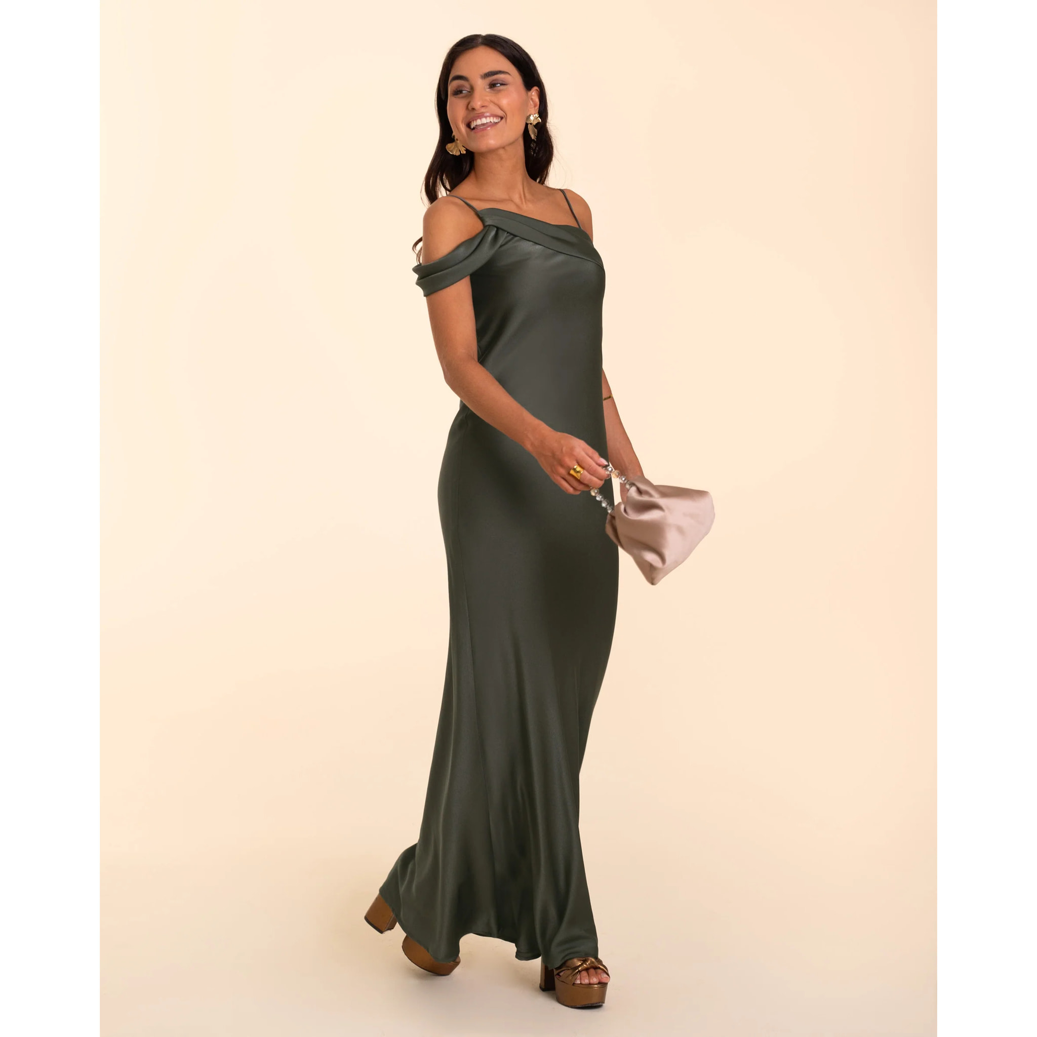 Vestido largo escote drapeado